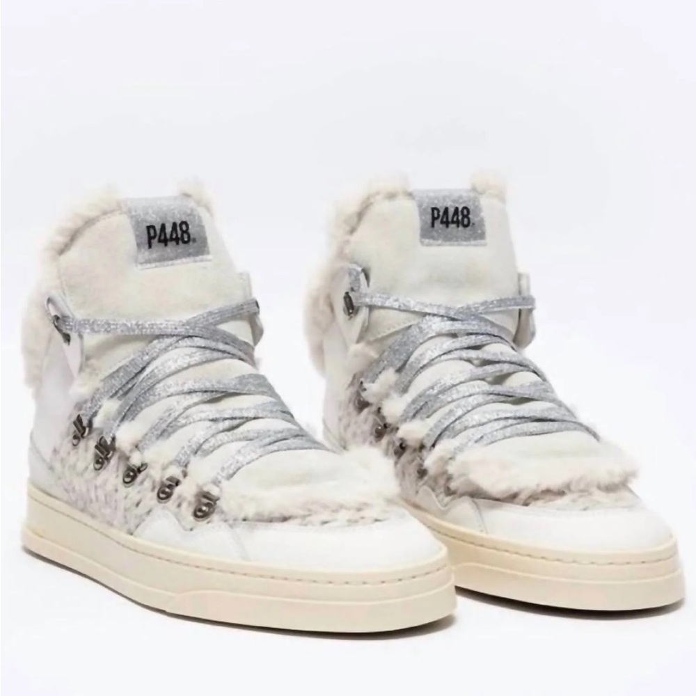 NWT P448 Women's White and Silver High-Top Sneakers